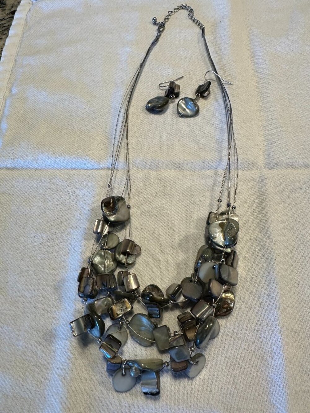 Statement Multi-Strand Gray Shell Necklace and Matching Earrings Set